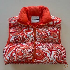 Fashion Nova Large Puffer Vest Swirls World Orange White Cream Sleeveless